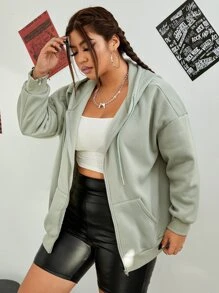 CovetEZ Plus Size Zip Up Drop Shoulder Thermal Drawstring Sweatshirt - Mint Green - View 5