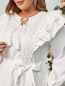 Simplee Vestido con cinturón de cuello con cordón con bordado con ojal ribete con fruncido - Blanco - Ver 3