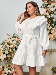 Simplee Vestido con cinturón de cuello con cordón con bordado con ojal ribete con fruncido - Blanco - Ver 5