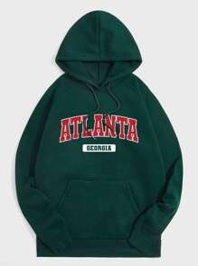 Hombres Capucha térmica con estampado de letra de manga raglán con cordón - Verde Oscuro - Ver 1