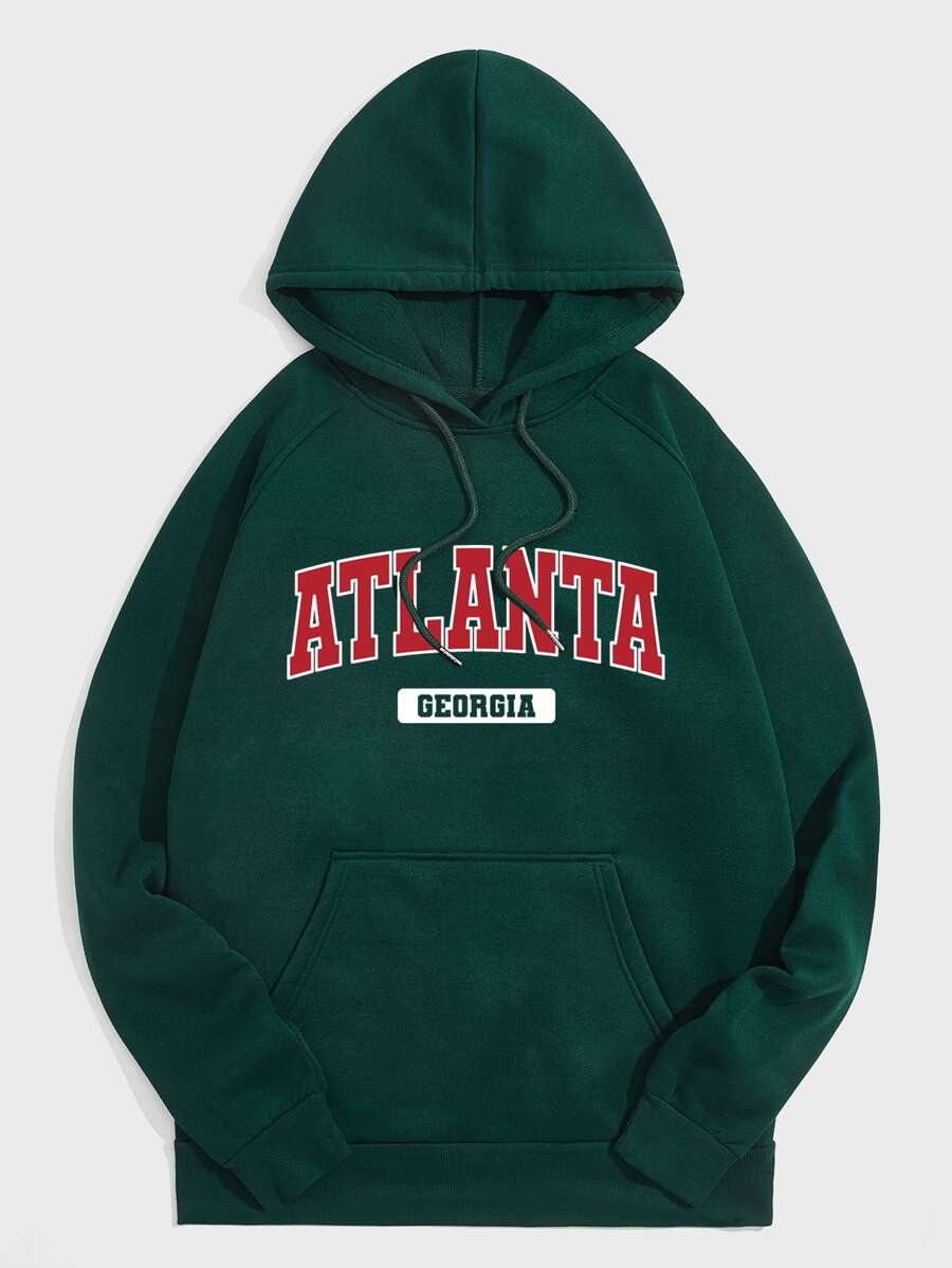 Hombres Capucha térmica con estampado de letra de manga raglán con cordón - Verde Oscuro - Ver 1