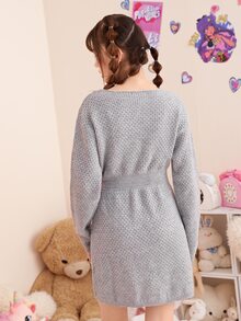 SHEIN 青少年女孩落肩袖毛衣裙 - 淺灰色 - 查看 2