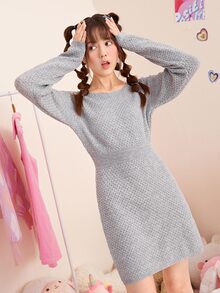 SHEIN 青少年女孩落肩袖毛衣裙 - 淺灰色 - 查看 4