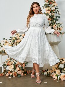 Simplee 大碼高腰蕾絲短裙 - 白色 - 查看 6