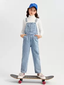 SHEIN Tween Girl Patched Pocket Denim Overalls Without Sweater - Medium Wash - View 1