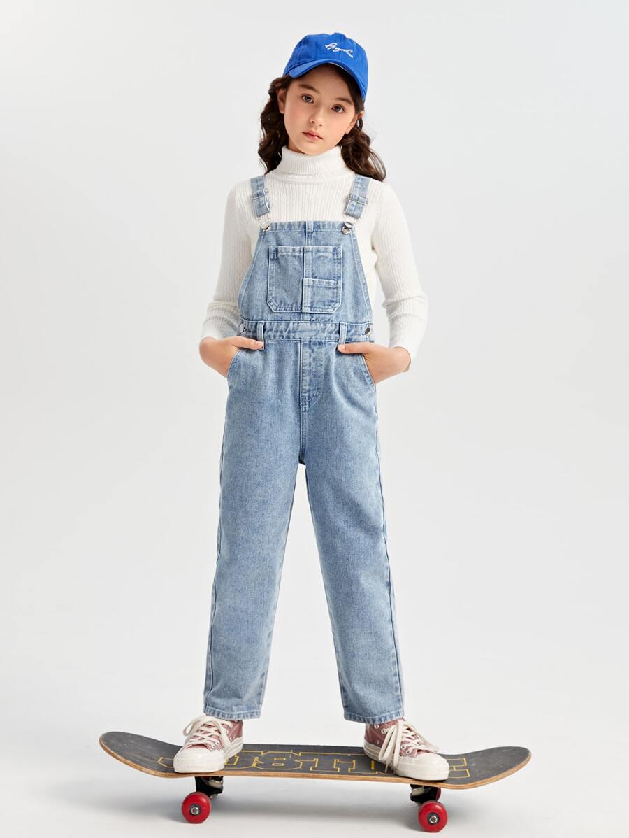 SHEIN Tween Girl Patched Pocket Denim Overalls Without Sweater - Medium Wash - View 1