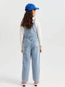 SHEIN Tween Girl Patched Pocket Denim Overalls Without Sweater - Medium Wash - View 2