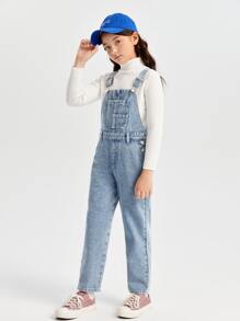 SHEIN Tween Girl Patched Pocket Denim Overalls Without Sweater - Medium Wash - View 3