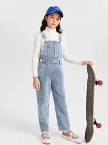 SHEIN Tween Girl Patched Pocket Denim Overalls Without Sweater - Medium Wash - View 4