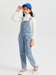 SHEIN Tween Girl Patched Pocket Denim Overalls Without Sweater - Medium Wash - View 5