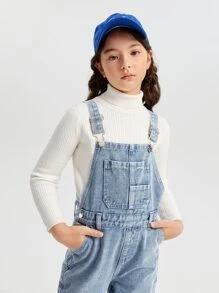 SHEIN Tween Girl Patched Pocket Denim Overalls Without Sweater - Medium Wash - View 6