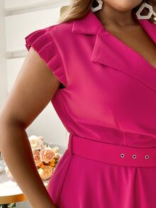 Simplee Plus Lapel Neck Butterfly Sleeve Belted Dress - Hot Pink - View 3