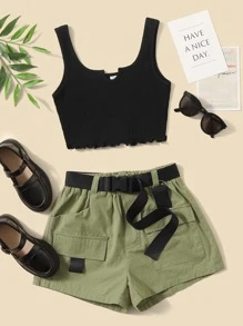 SHEIN Leap Crew 青少年女生套裝,萵苣邊短袖背心和釋放扣配帶短褲
