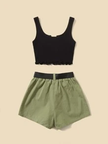 SHEIN Leap Crew 青少年女生套裝,萵苣邊短袖背心和釋放扣配帶短褲