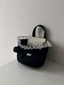 Letter Print Contrast Mesh & Ruffle Trim Woven Fabric Handheld Small Tote Bag, Vacation Essentials, Perfectly Matching With Beach Accessories Women, Holiday - Black - View 7