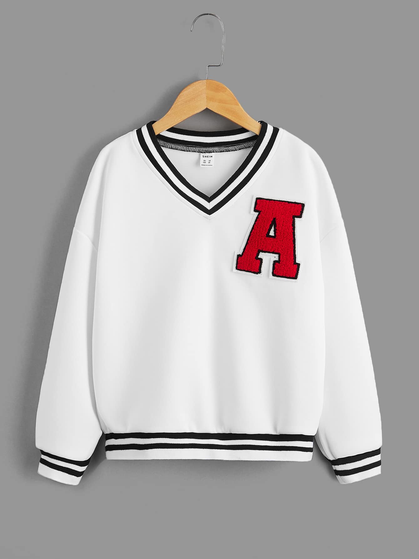 SHEIN Explorewe Tween Girl Letter Patched Striped Trim Drop Shoulder Sweatshirt - White - View 1