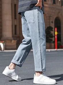 男士斜口袋直筒牛仔褲 - 淺色水洗藍 - 查看 1