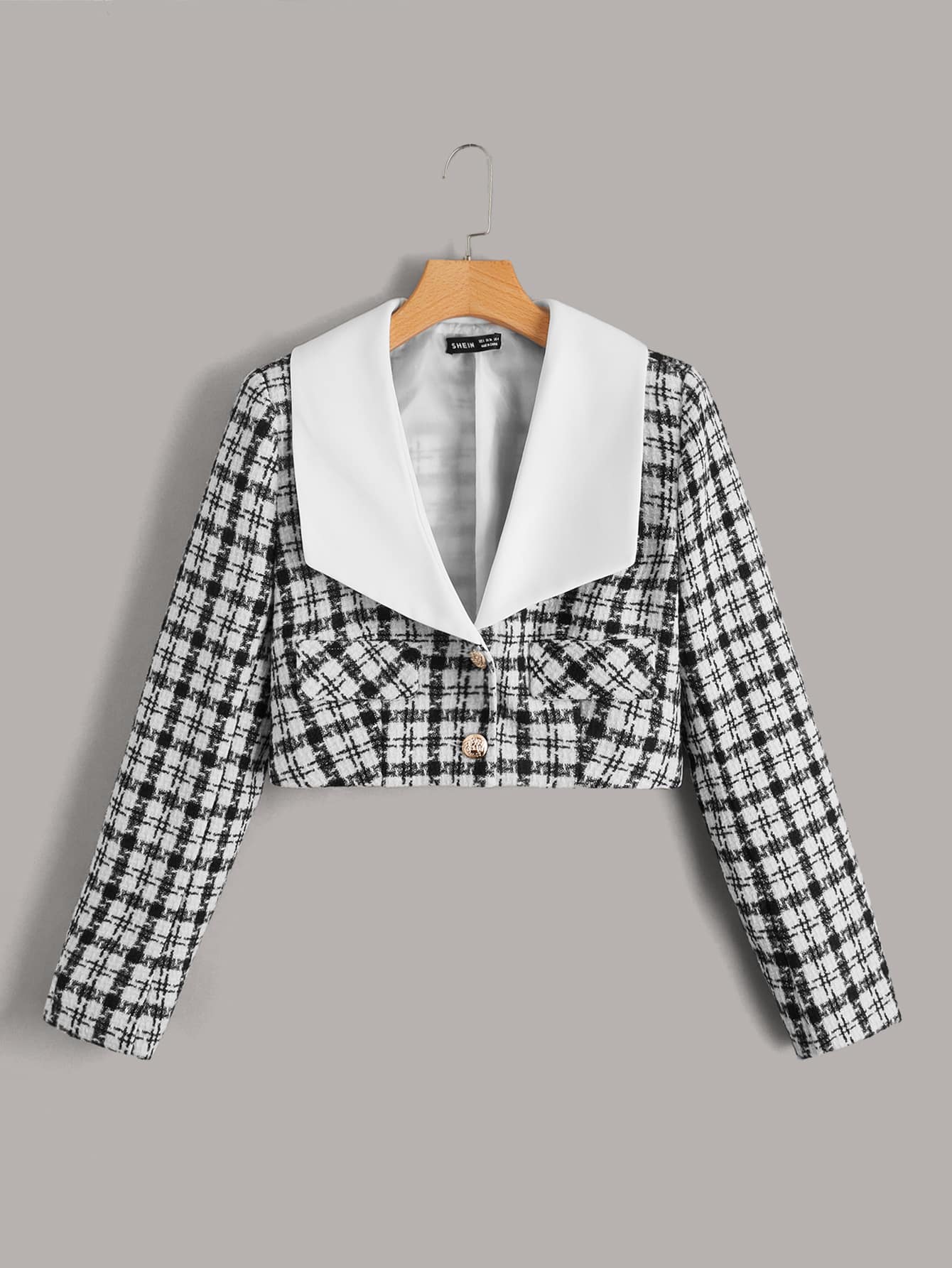 SHEIN Unity Plaid Shawl Collar Crop Overcoat - Black and White - View 1