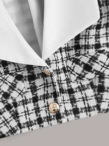 SHEIN Unity Plaid Shawl Collar Crop Overcoat - Black and White - View 3