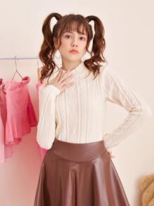 SHEIN 青少年女孩小高領麻花編織T恤 - 米色 - 查看 2