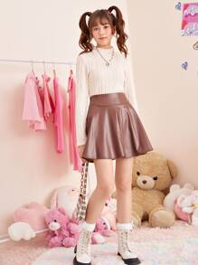 SHEIN 青少年女孩小高領麻花編織T恤 - 米色 - 查看 4