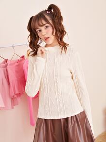 SHEIN 青少年女孩小高領麻花編織T恤 - 米色 - 查看 6