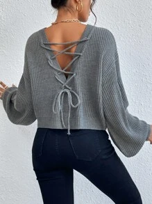 Firerie Suéter con cordones delanteros y hombros caídos para otoño/invierno - Gris - Ver 2