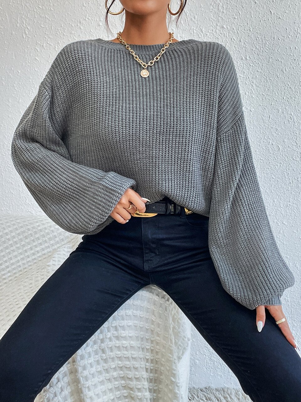 Lace Up Front Drop Shoulder Sweater In Fall/Winter