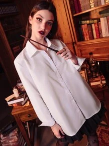 ROMWE Academia Áo sơ mi nữ Nút phía trước màu trơn Giải trí - trắng - Xem 3