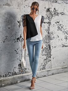 SHEIN Clasi Two Tone Mesh Puff Sleeve Asymmetrical Hem Blouse - Black and White - View 5