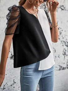 SHEIN Clasi Two Tone Mesh Puff Sleeve Asymmetrical Hem Blouse - Black and White - View 6