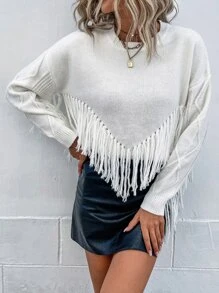 SHEIN LUNE Jersey ribete con fleco de hombros caídos - Blanco - Ver 1