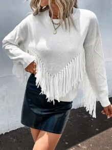 SHEIN LUNE Jersey ribete con fleco de hombros caídos - Blanco - Ver 4