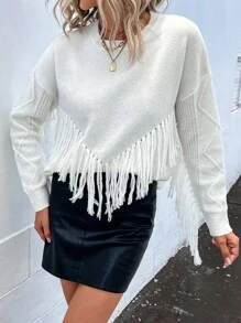 SHEIN LUNE Jersey ribete con fleco de hombros caídos - Blanco - Ver 5