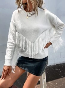 SHEIN LUNE Jersey ribete con fleco de hombros caídos - Blanco - Ver 6