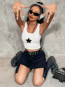 SHEIN ICON Top tank con estampado de estrella tejido de canalé - Blanco - Ver 4