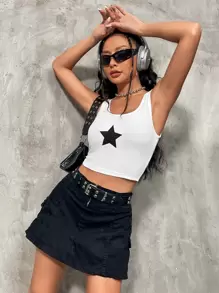 SHEIN ICON Top tank con estampado de estrella tejido de canalé - Blanco - Ver 6