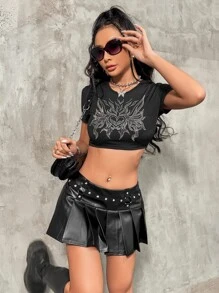 SHEIN ICON Rhinestone Detail Crop Tee - Black - View 3