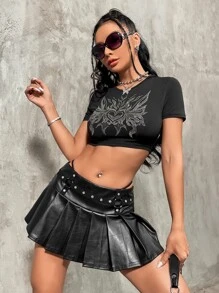 SHEIN ICON Rhinestone Detail Crop Tee - Black - View 5