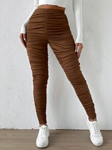 Ruched High Waist Leggings - Brown - View 1