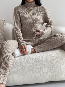 SHEIN Essnce 高領落肩袖麻花編織套頭毛衣和針織褲 - 卡其色 - 查看 1