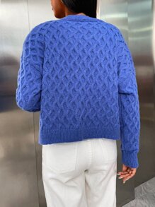 Nữ Cardigans Cáp đan Nút phía trước màu trơn Giải trí - Màu xanh lam - Xem 6