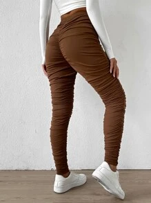 Ruched High Waist Leggings - Brown - View 2