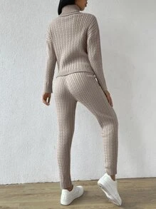 SHEIN Essnce 高領落肩袖麻花編織套頭毛衣和針織褲 - 卡其色 - 查看 2