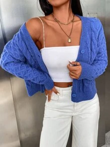 Nữ Cardigans Cáp đan Nút phía trước màu trơn Giải trí - Màu xanh lam - Xem 4