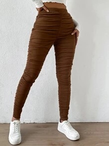 Ruched High Waist Leggings - Brown - View 3
