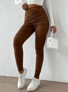 Ruched High Waist Leggings - Brown - View 4