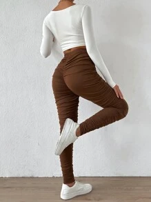 Ruched High Waist Leggings - Brown - View 5