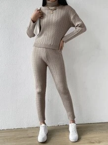 SHEIN Essnce 高領落肩袖麻花編織套頭毛衣和針織褲 - 卡其色 - 查看 4