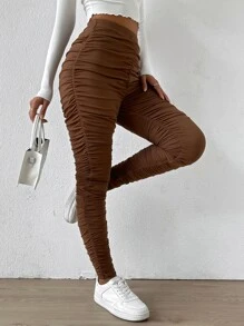 Ruched High Waist Leggings - Brown - View 6